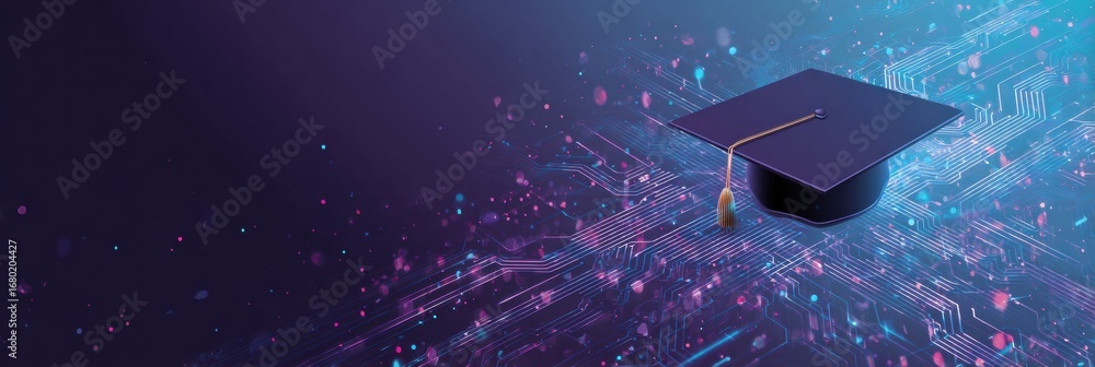 Aufkleber graduation cap floating above digital circuit patterns in a vibrant, futuristic setting during a cer