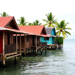 Houses of typical construction on the sea in Bocas del Toro