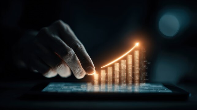 A hand meticulously traces the upward trajectory of a financial chart projected onto a tablet screen. Capturing the essence of progress. ..Created with Generative AI, not depicting real subjects.