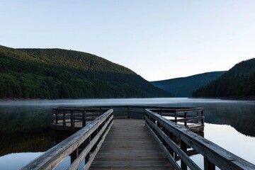 Serene dawn over still lake, wooden dock extending to calm waters, misty mountain backdrop