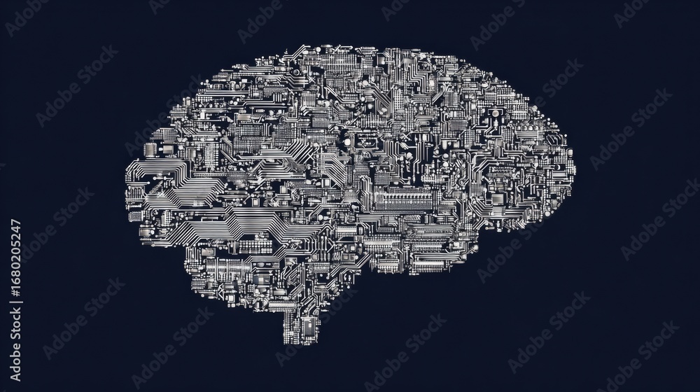 Poster digital circuitry forms the shape of a brain representing technology and intelligence in modern soci