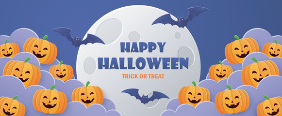 Halloween background with pumpkins, bats and moon. Paper art style