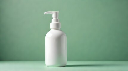 Minimalist white pump bottle on soft green background for product mockup and design
