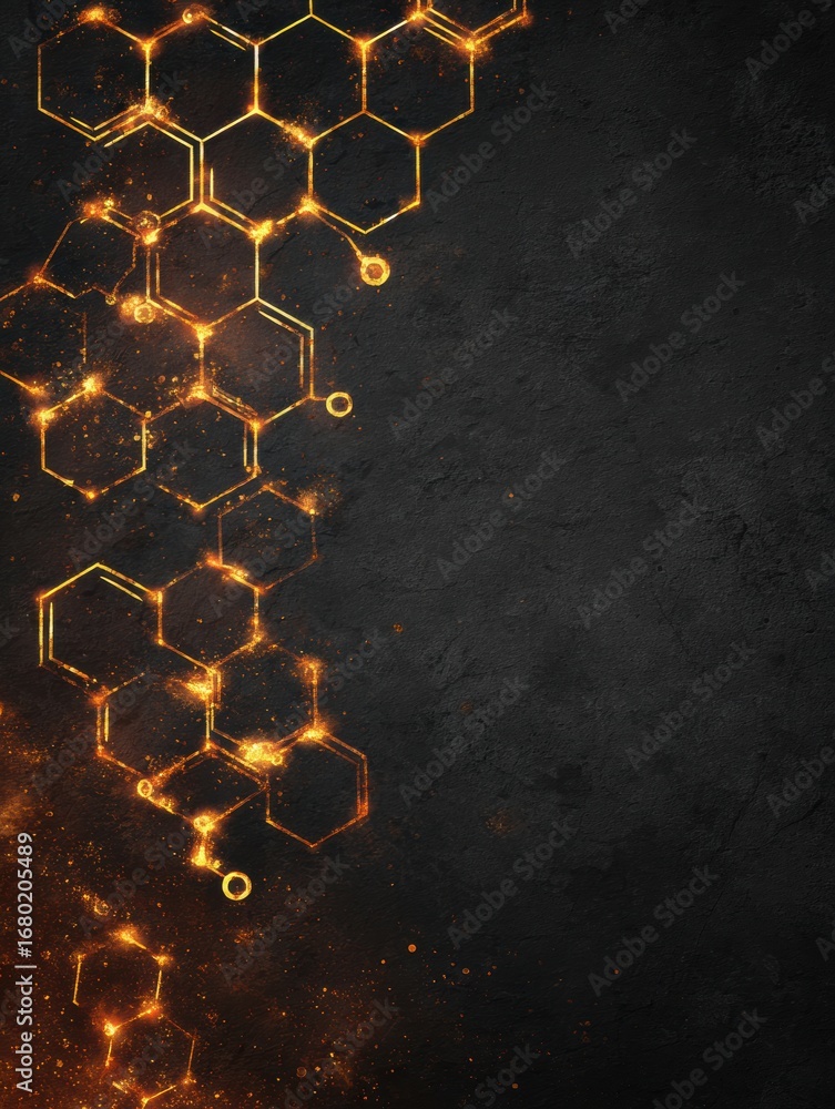Poster abstract golden hexagons glowing against a dark textured background create a modern design suitable 