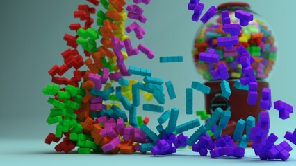 Tetromino blocks fall in front of a gumball machine that contains blocks on a surface