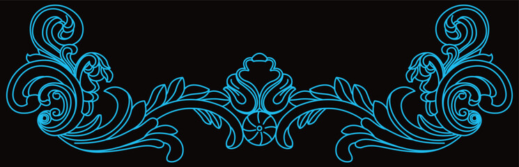 Symmetrical blue floral scroll pattern defines a beautiful decorative border.