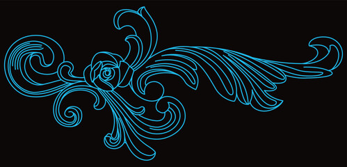 An elegant blue outline of a graceful rose and detailed leaves creates a classic scroll pattern.