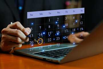 Digital calendar and scheduling management concept with businessman pointing date on virtual planner, symbolizing time management, appointment booking, business planning, and productivity tools.