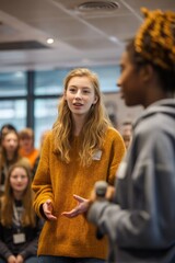 A nervous teen presenting their first project to mentors and peers The mentors offer support The mood feels vulnerable but uplifting, Generative AI