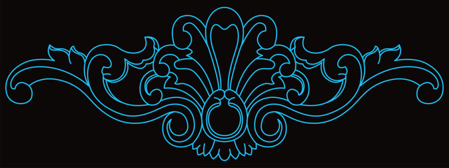 An ornate blue scroll design with intricate symmetrical flourishing details is displayed.