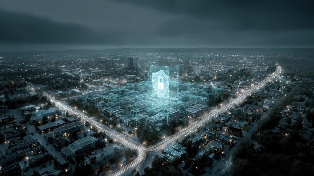 Cybersecurity protection of urban area in a digital realm, the illuminated shield represents data protection. ..Created with Generative AI, not depicting real subjects. - Powered by Adobe