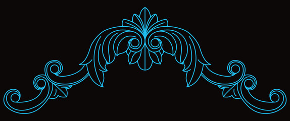 An elegant symmetrical blue decorative classical ornament displays intricate swirling details.