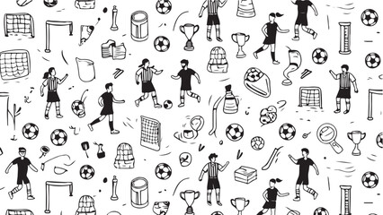 Hand Drawn Soccer Elements Seamless Pattern Background Sports Competition Championship Vector Illustration and Soccer Players in Black and White