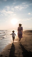Mother and Daughter Running on Beach