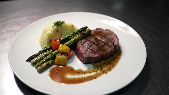 Perfectly grilled beef tenderloin steak served with roasted asparagus, creamy mashed potatoes, and a savory jus on a white plate