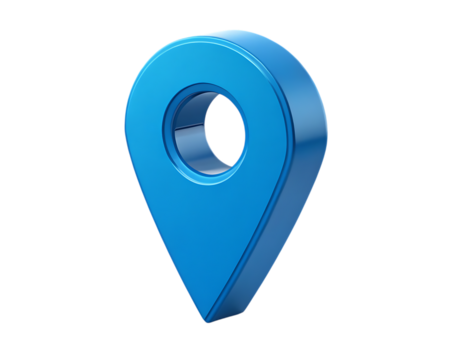 3d blue location pin icon with hollow center floating abstractly against isolated black backdrop transparent background