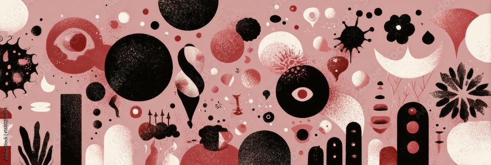 Poster dynamic abstract artwork featuring a mix of shapes and colors in a harmonious arrangement on a pink 