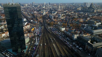 Aerial panorama view of the capital city Brussels on a sunny morning day in spring in Belgium