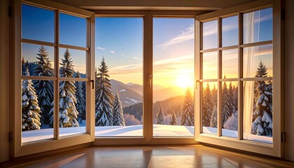 Fototapeta premium Mountain sunset viewed through open window, snow-covered pines