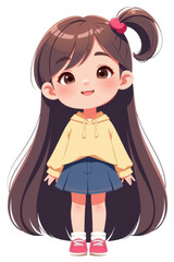 Fototapeta premium Adorable cartoon girl with long flowing brown hair, big expressive eyes, cheerful smile, casual yellow hoodie, denim skirt, pink sneakers, and hair tied with a pink bow
