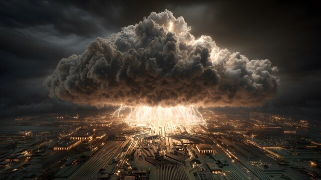 A massive storm cloud looming over a fragile circuit board, symbolizing technological vulnerability.