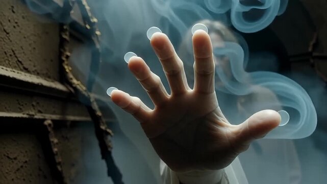 Eerie reaching hand surrounded by mysterious smoke in a dark ancient setting