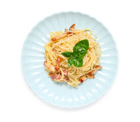 Beautiful plate with tasty pasta carbonara on white background