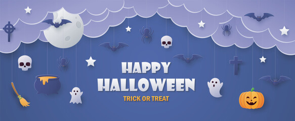 Happy Halloween banner design. Paper art style