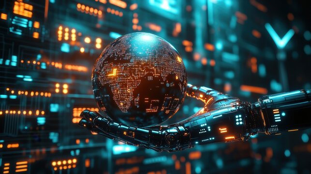 A futuristic robot hand delicately cradles a glowing sphere representing the Earth, symbolizing technological progress and digital innovation.Created with Generative AI, not depicting real subjects.