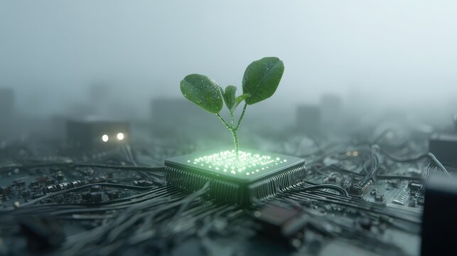 A symbolic image of a seedling sprouting from a computer chip, in a futuristic cityscape setting. ..Created with Generative AI, not depicting real subjects.