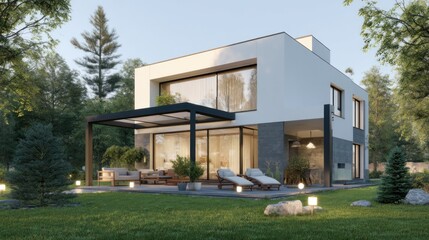 A modern architectural house design, blending contemporary style with natural surroundings. The house features a sleek design, expansive glass windows, and outdoor areas