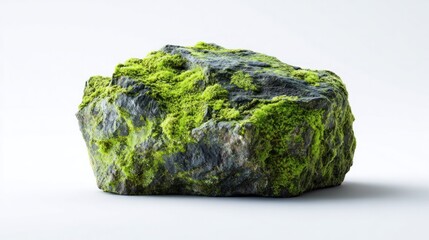 A close-up image of a textured, mossy rock. The rock is covered in vibrant green moss