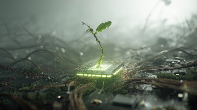 A digital sprout springs from a circuit board, a symbol of growth in the world of technology. ..Created with Generative AI, not depicting real subjects.