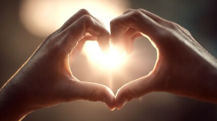 Two hands forming a heart shape in front of the sun. The sunlight shines brightly through the heart, symbolizing love and warmth