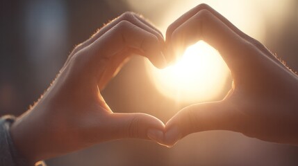 Fototapeta premium Hands forming a heart shape around a bright sun, a symbol of love and affection