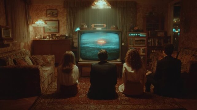 Watching the End of the World: A retro-styled living room, bathed in warm hues, with four figures fixated on an old television set displaying an ominous image.