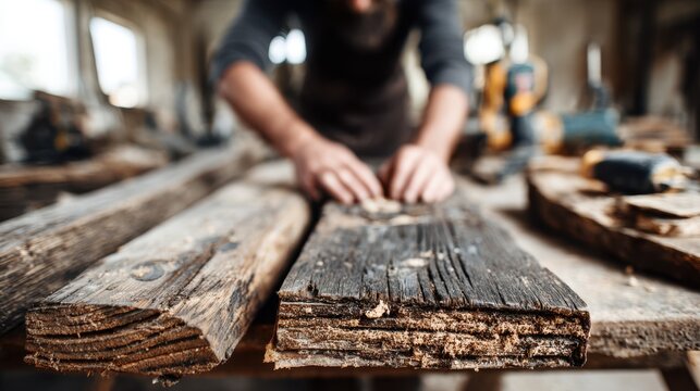 Medium shot of a craftsman assembling reclaimed barn wood planks focusing on textured grain while blurred workshop tools form the background ambiance