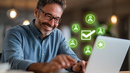 Businessman using laptop, smiling, glowing green icons