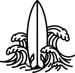 Surfboard and Waves Black and White Illustration