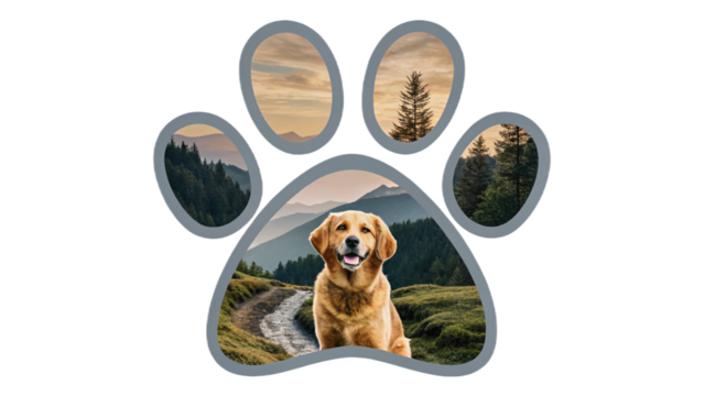 Dog Paw Print with Golden Retriever and Mountain Landscape on Black Background