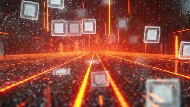 Orange and White Neon Cyber Tunnel Strobes and Microchips Background VJ Loop in 4K