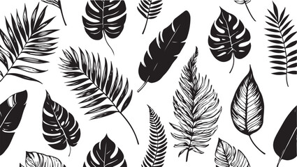 Monochrome Tropical Leaf Pattern with Exotic Palm and Banana Leaves Creating a Stylish Jungle Vibe for Wallpaper Designs