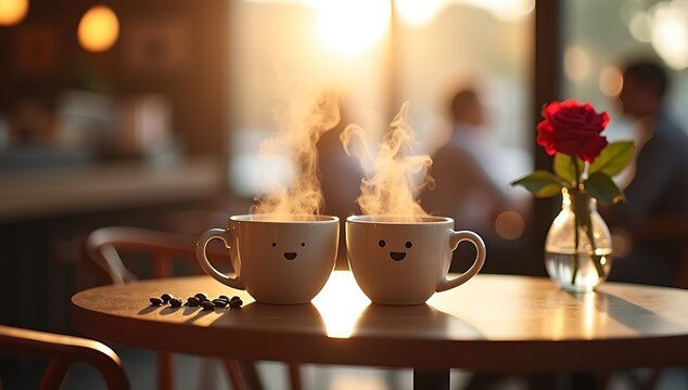 Minimalist scene of two coffee mugs placed together on a cafe table with warm light, symbolizing first dates and connection.