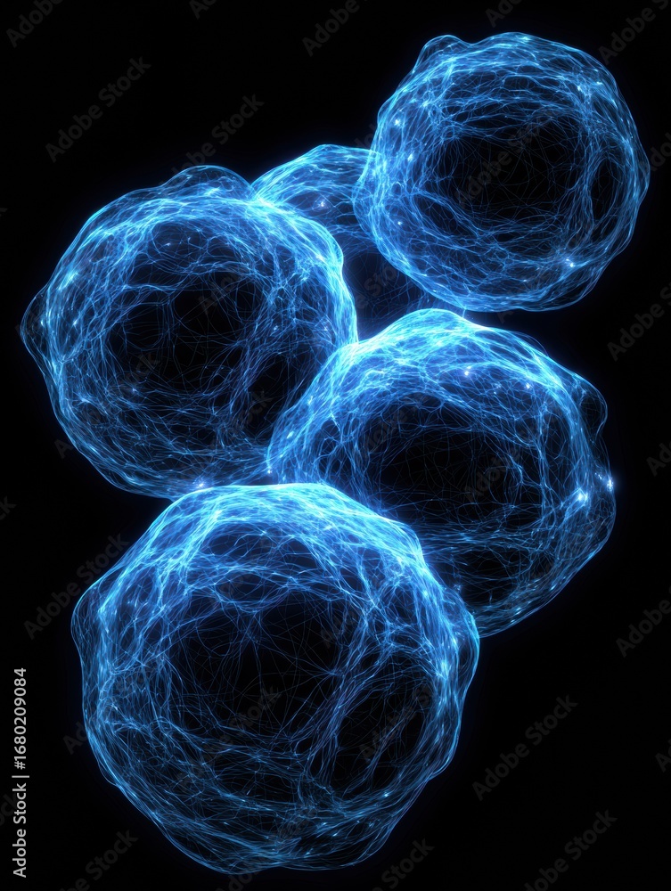 Poster blue glowing cells on a black background creating a captivating visual of cellular structures and th