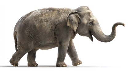 Obraz premium A majestic elephant walking with its trunk raised, captured in a full-body shot. The elephant appears strong and healthy, symbolizing power and grace