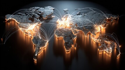An illuminated digital world map highlighting global connectivity with radiant lines connecting major hubs, symbolizes globalization. ..Created with Generative AI, not depicting real subjects.