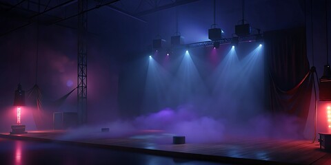 Naklejka premium Empty concert stage with dramatic lighting and smoke effects.