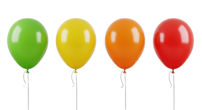 Four colorful balloons isolated on transparent background are displayed