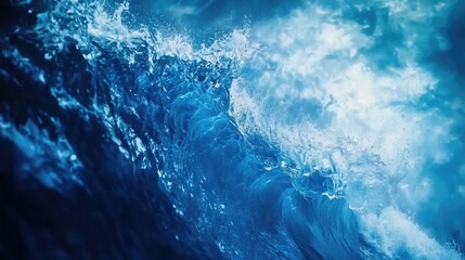 Surfer riding a wave, close-up, sky with a deep blue hue, dynamic action shot, vibrant colors, ocean setting, sense of motion and excitement