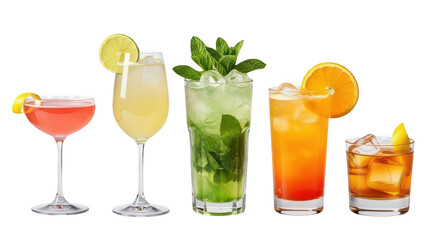 Five colorful cocktails isolated on transparent background
